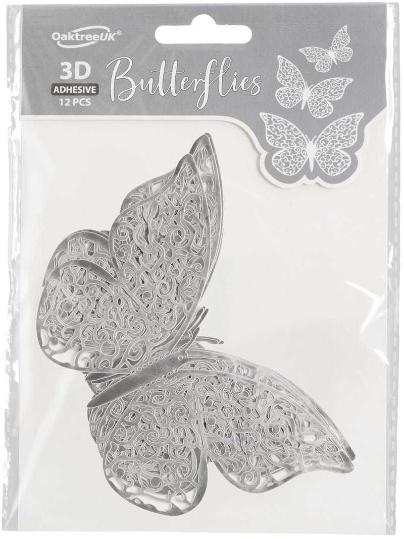 3D ADHESIVE BUTTERFLIES SILVER (12 PIECES PER PACK)