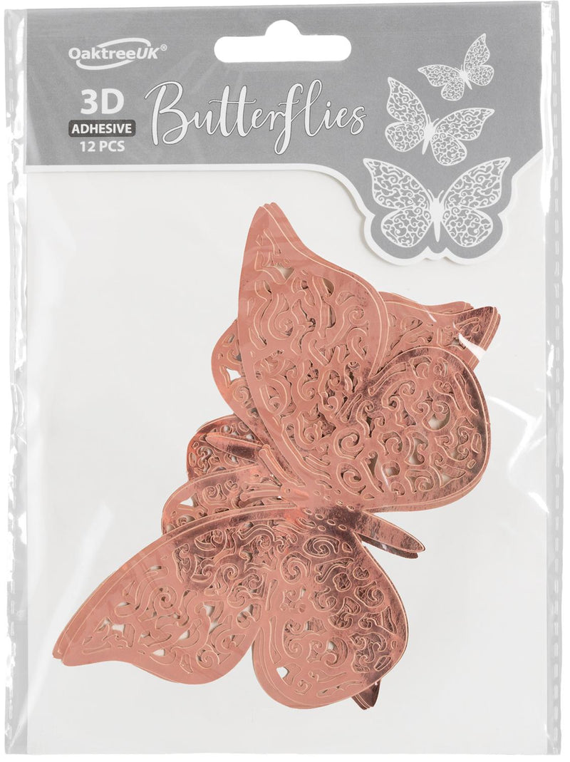 3D ADHESIVE BUTTERFLIES ROSE GOLD (12 PIECES PER PACK)