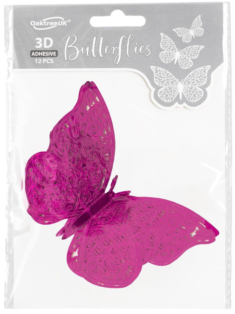 3D ADHESIVE BUTTERFLIES FUCHSIA PINK (12 PIECES PER PACK)