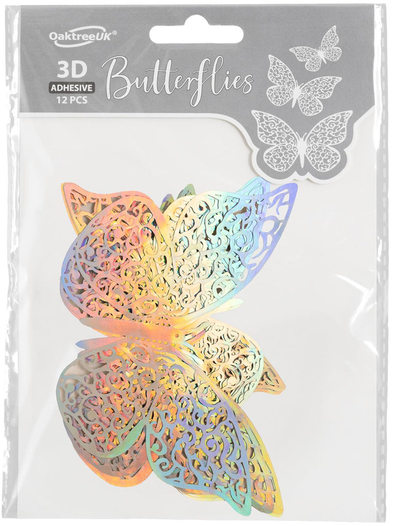 3D ADHESIVE BUTTERFLIES IRIDESCENT SILVER (12 PIECES PER PACK)