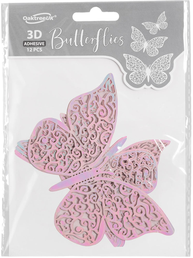 3D ADHESIVE BUTTERFLIES IRIDESCENT PINK (12 PIECES PER PACK)