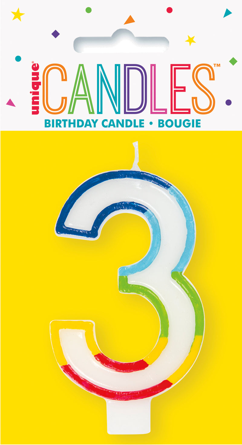 CANDLE: RAINBOW POLKA DOTS BORDER NUMBER 3 BIRTHDAY CANDLE