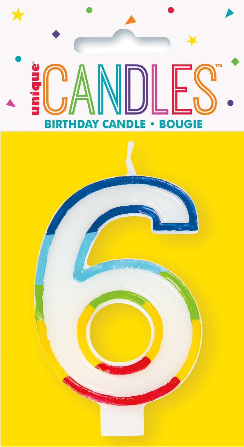 CANDLE: RAINBOW POLKA DOTS BORDER NUMBER 6 BIRTHDAY CANDLE