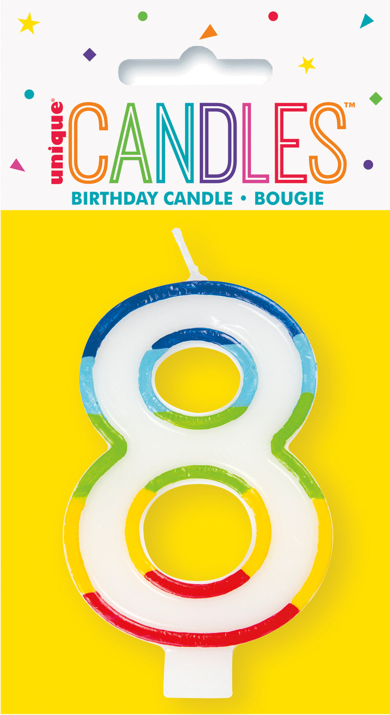 CANDLE: RAINBOW POLKA DOTS BORDER NUMBER 8 BIRTHDAY CANDLE