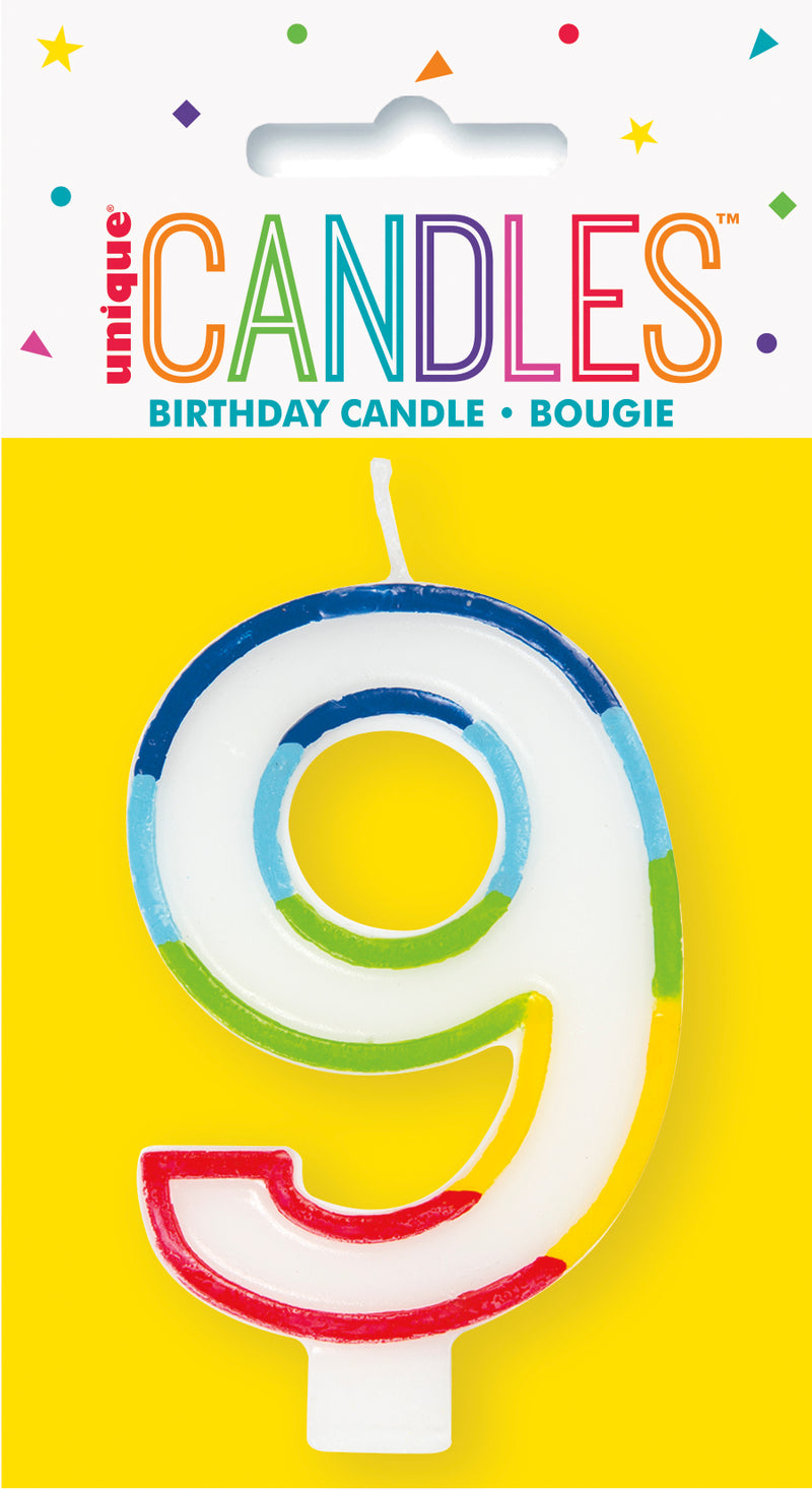 CANDLE: RAINBOW POLKA DOTS BORDER NUMBER 9 BIRTHDAY CANDLE