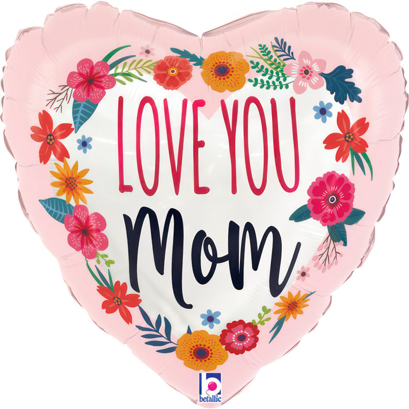 9" HEART SATIN LOVE YOU MOM BLOSSOMS FOIL