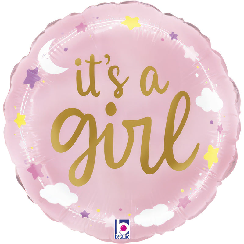 9" ROUND IT'S A GIRL STARS & CLOUDS FOIL