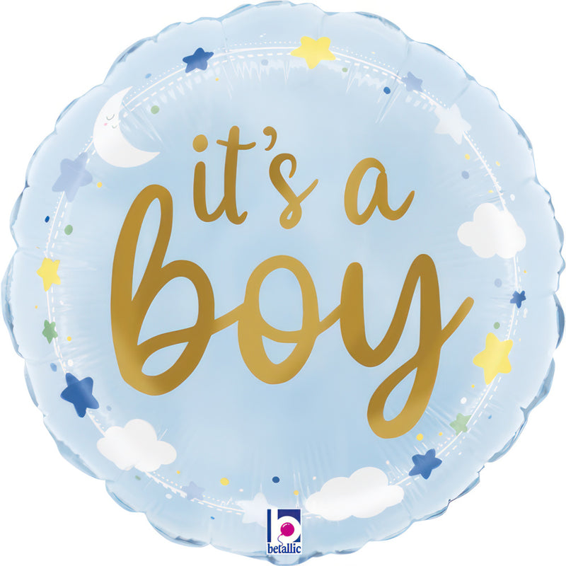 9" ROUND IT'S A BOY STARS & CLOUDS FOIL