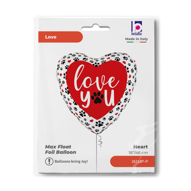 18" HEART LOVE YOU PAW PRINTS FOIL