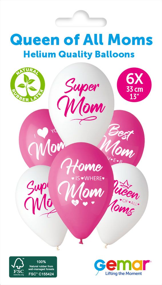 13" GEMAR RETAIL LATEX QUEEN OF ALL MOMS #1239-1240-1241-1242-1243 (6 BALLOONS PER PACK)