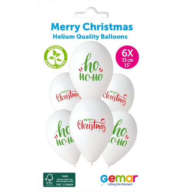 13" GEMAR RETAIL LATEX HO HO HO MERTY CHRISTMAS #122 (6 BALLOONS PER PACK)