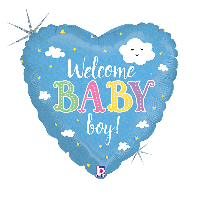 18" HEART WELCOME BABY BOY HOLOGRAPHIC FOIL