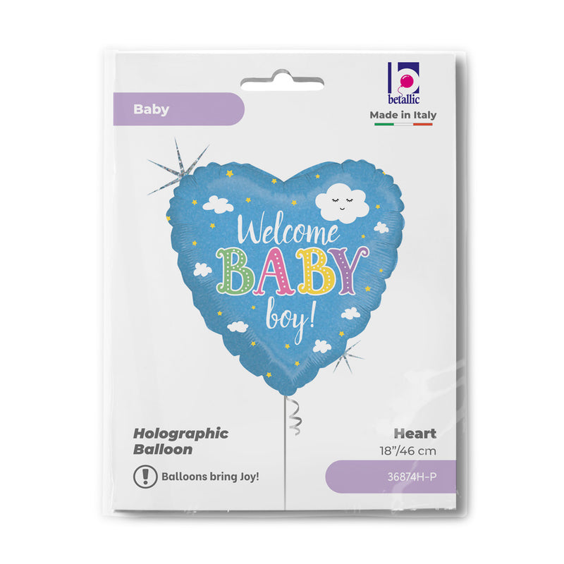 18" HEART WELCOME BABY BOY HOLOGRAPHIC FOIL