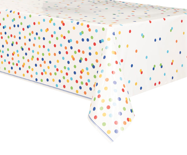 TABLECOVER: RAINBOW POLKA DOTS RECTANGULAR PLASTIC TABLE COVER 54 X 84" (ONE PER PACK)