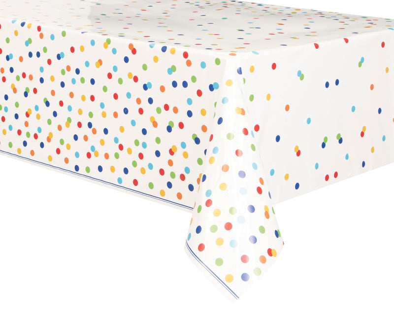 TABLECOVER: RAINBOW POLKA DOTS RECTANGULAR PLASTIC TABLE COVER 54 X 84" (ONE PER PACK)