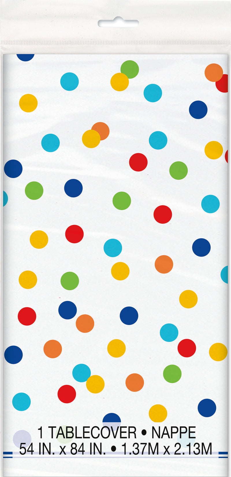 TABLECOVER: RAINBOW POLKA DOTS RECTANGULAR PLASTIC TABLE COVER 54 X 84" (ONE PER PACK)