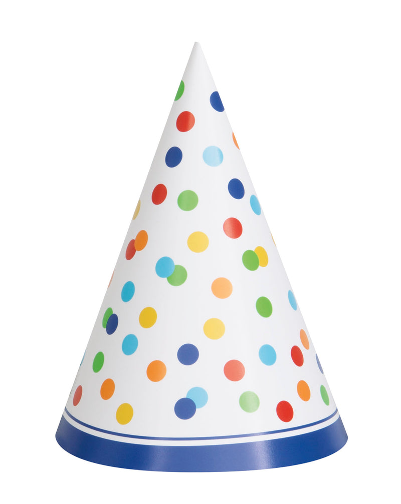 HATS: RAINBOW POLKA DOTS PARTY HATS (8 PER PACK)