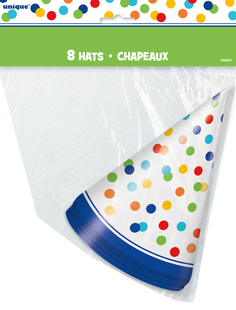 HATS: RAINBOW POLKA DOTS PARTY HATS (8 PER PACK)