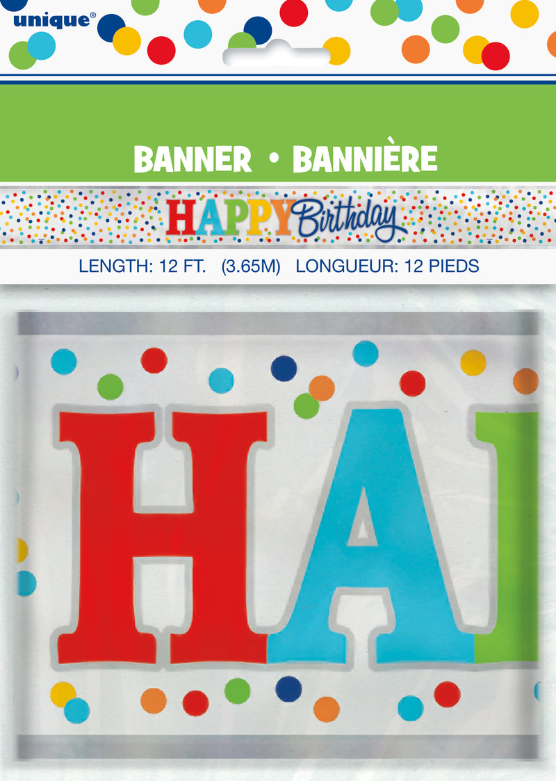 BANNER: 12FT FOIL RAINBOW POLKA DOTS BANNER - LONG FOLD