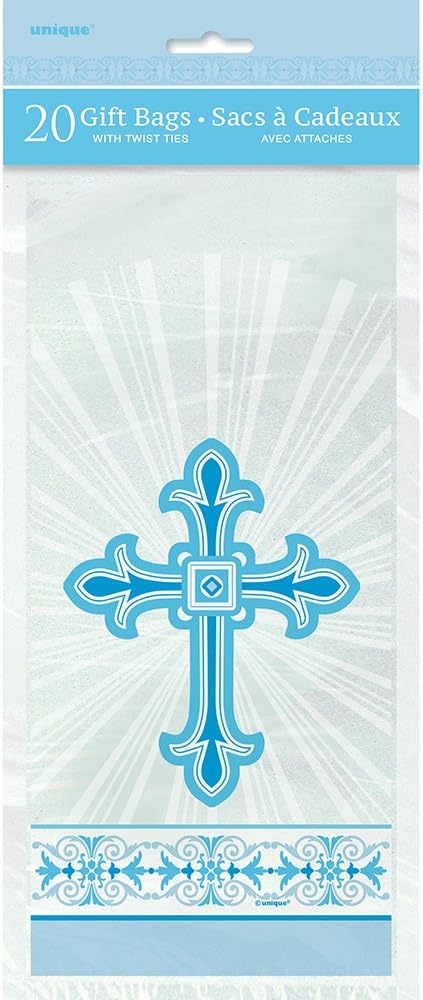 GIFT BAG: RADIANT CROSS BLUE CELLOPHANE GIFT BAGS (20 PER PACK)