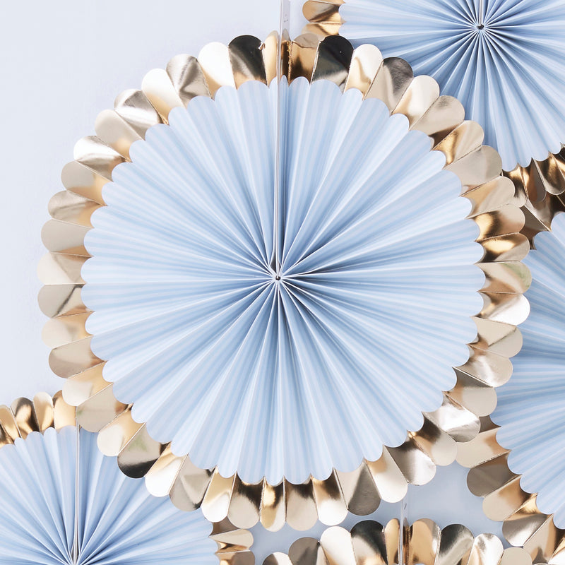 GOLD FOILED BLUE PAPER FAN DECORATIONS