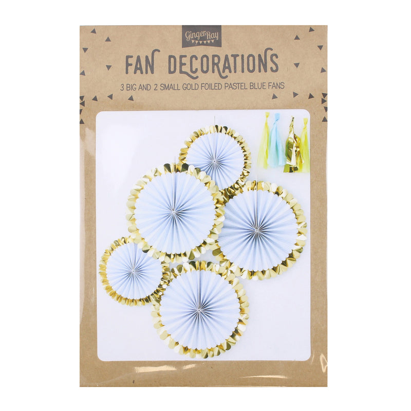 GOLD FOILED BLUE PAPER FAN DECORATIONS